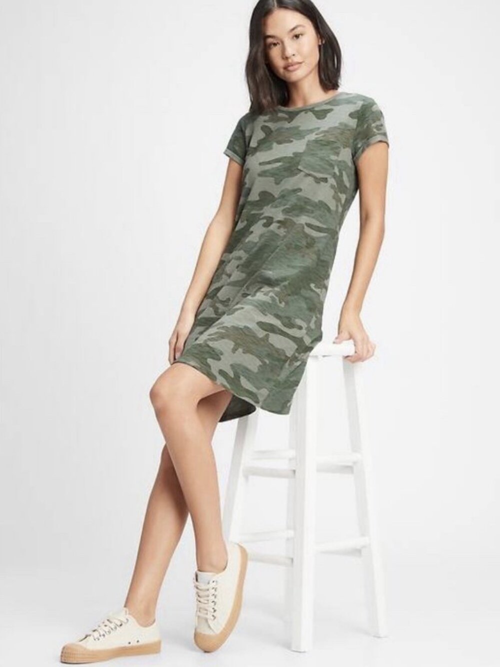 Gap Womens Tee Shirt Dress Casual Short Sleeve Cotton Camo Green size XL